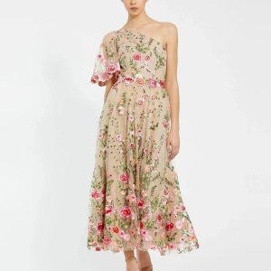 Pink One Shoulder Lace Embroidered Dress