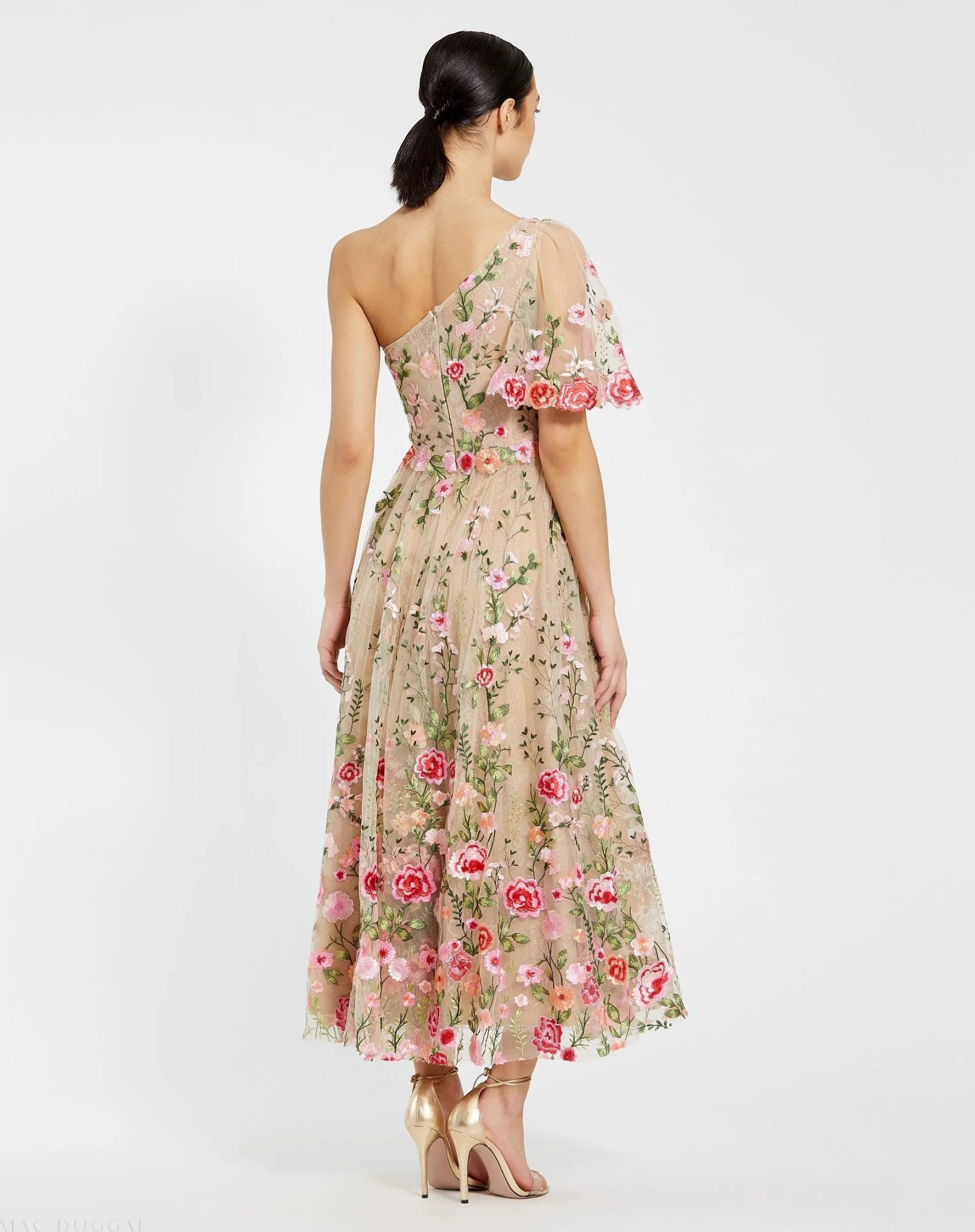 Pink One Shoulder Lace Embroidered Dress - Image 3