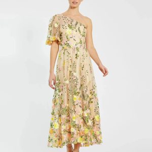 Yellow One Shoulder Lace Embroidered Dress