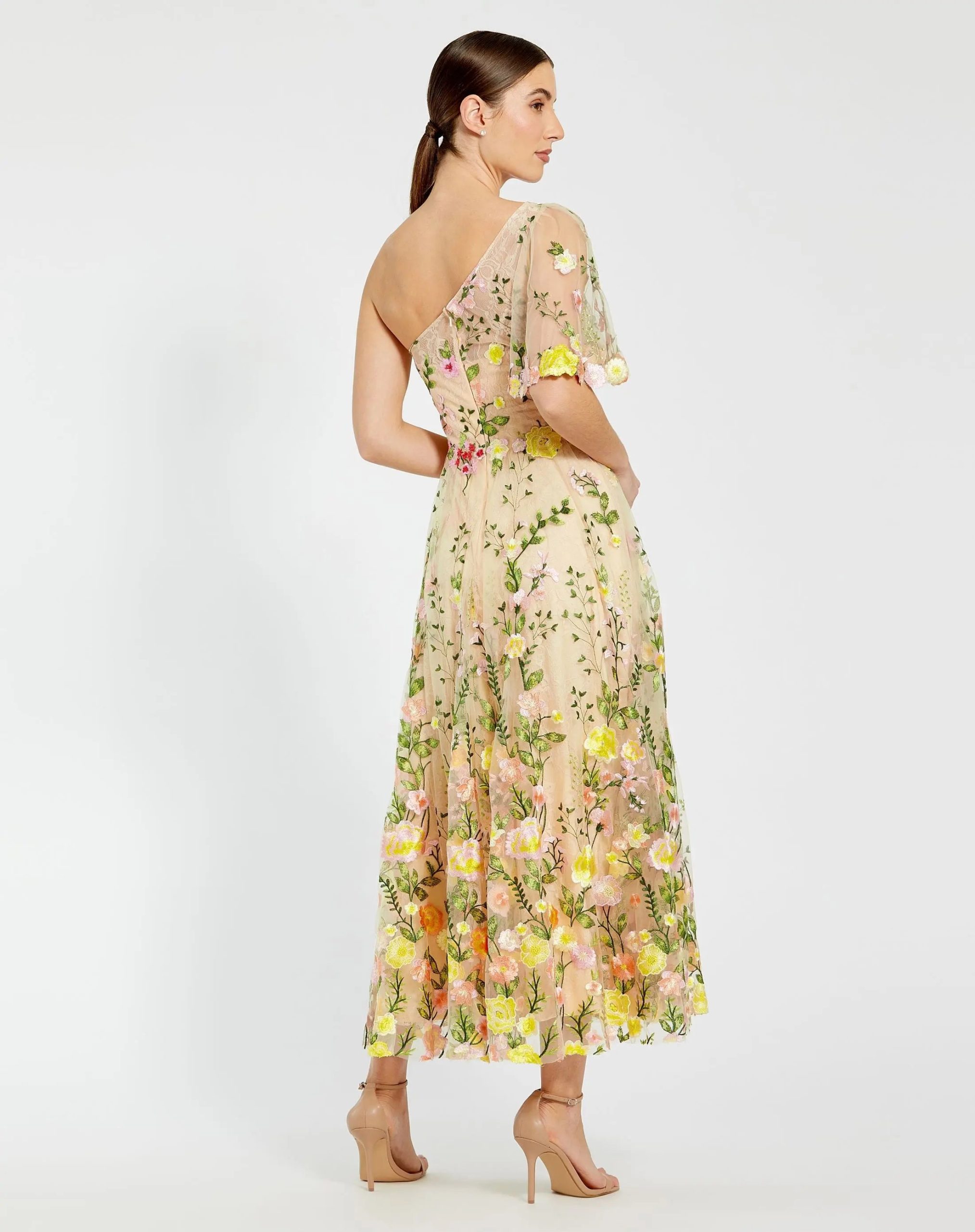 Yellow One Shoulder Lace Embroidered Dress - Image 3