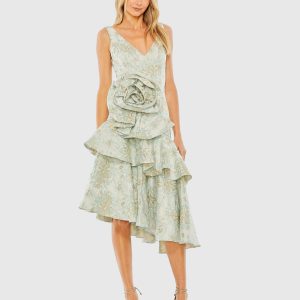 Green Floral Brocade Asymmetrical Hem Dress with Rosette - FINAL SALE