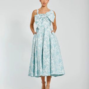 Blue Sleeveless Large Bow Detail Floral Brocade Dress