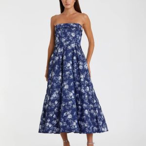 Blue Strapless Brocade Midi Dress