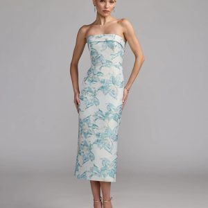 Blue and White Strapless Brocade Sheath Midi Dress