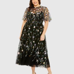 Black Floral Embroidered A-Line Midi Dress (Plus)