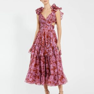 Red and Pink Ruffle Tiered Cut-Out Chiffon Midi Dress