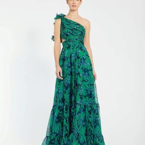 Green One Shoulder Ruffle Tiered Cut-Out Chiffon Gown