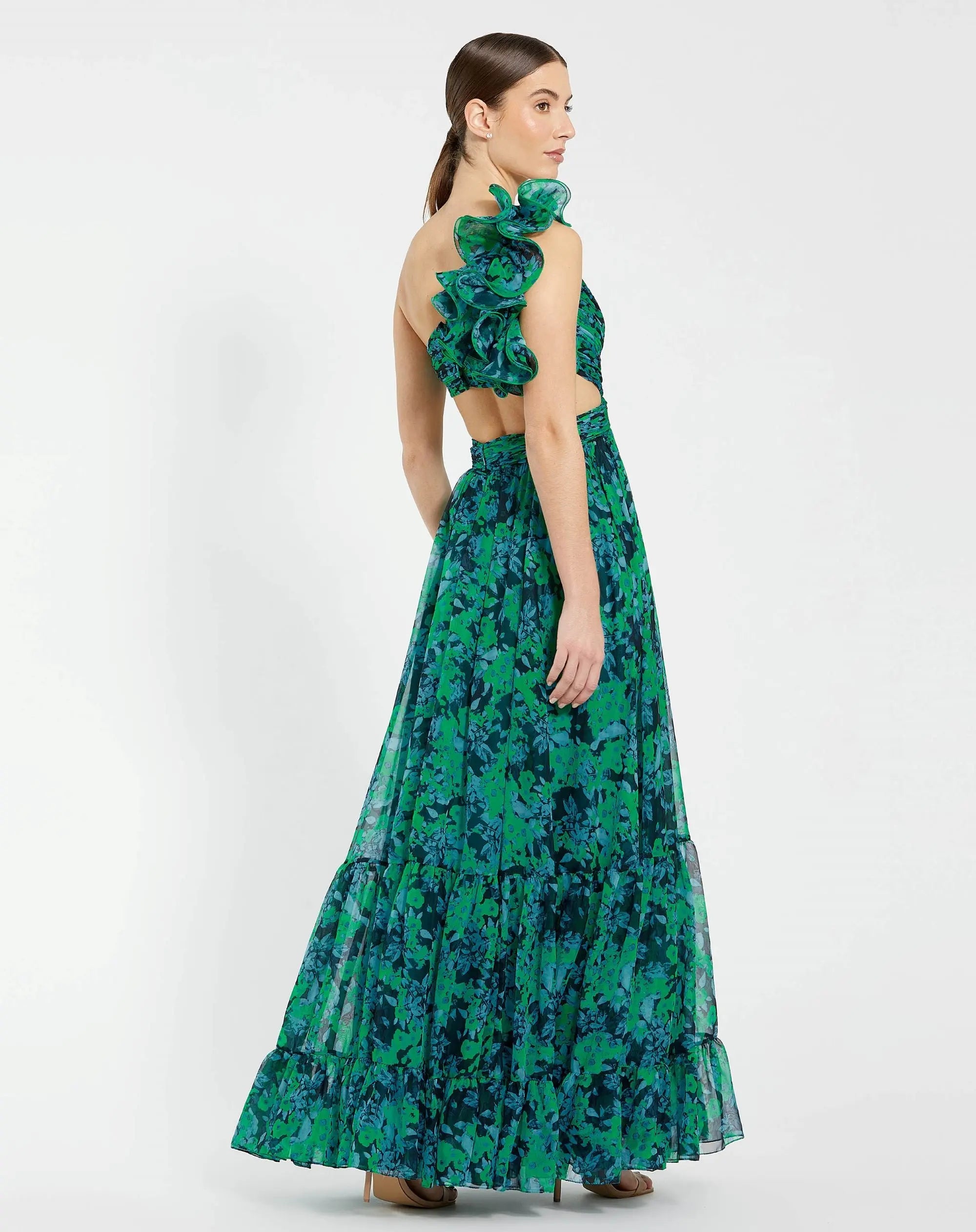 Green One Shoulder Ruffle Tiered Cut-Out Chiffon Gown - Image 3