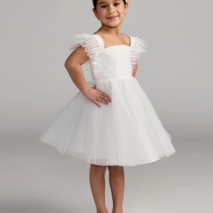 Girls White Ruffle Shoulder Tulle Dress