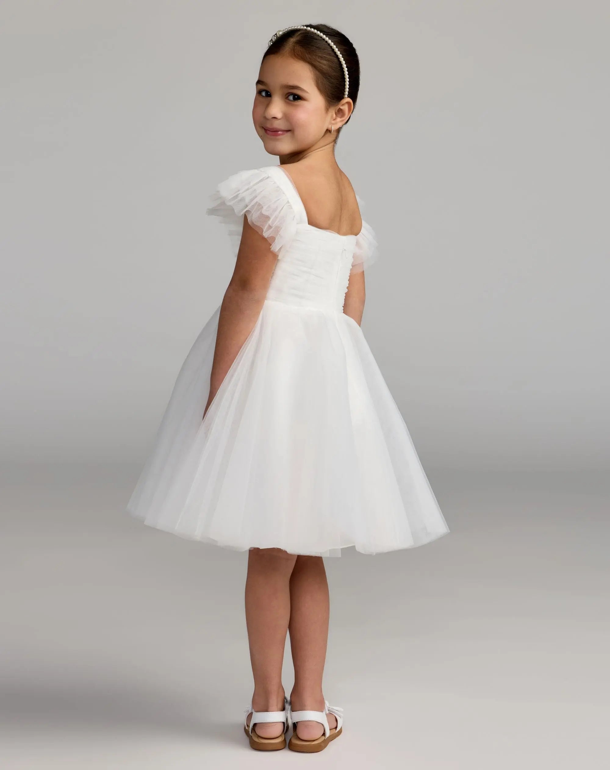 Girls White Ruffle Shoulder Tulle Dress - Image 3