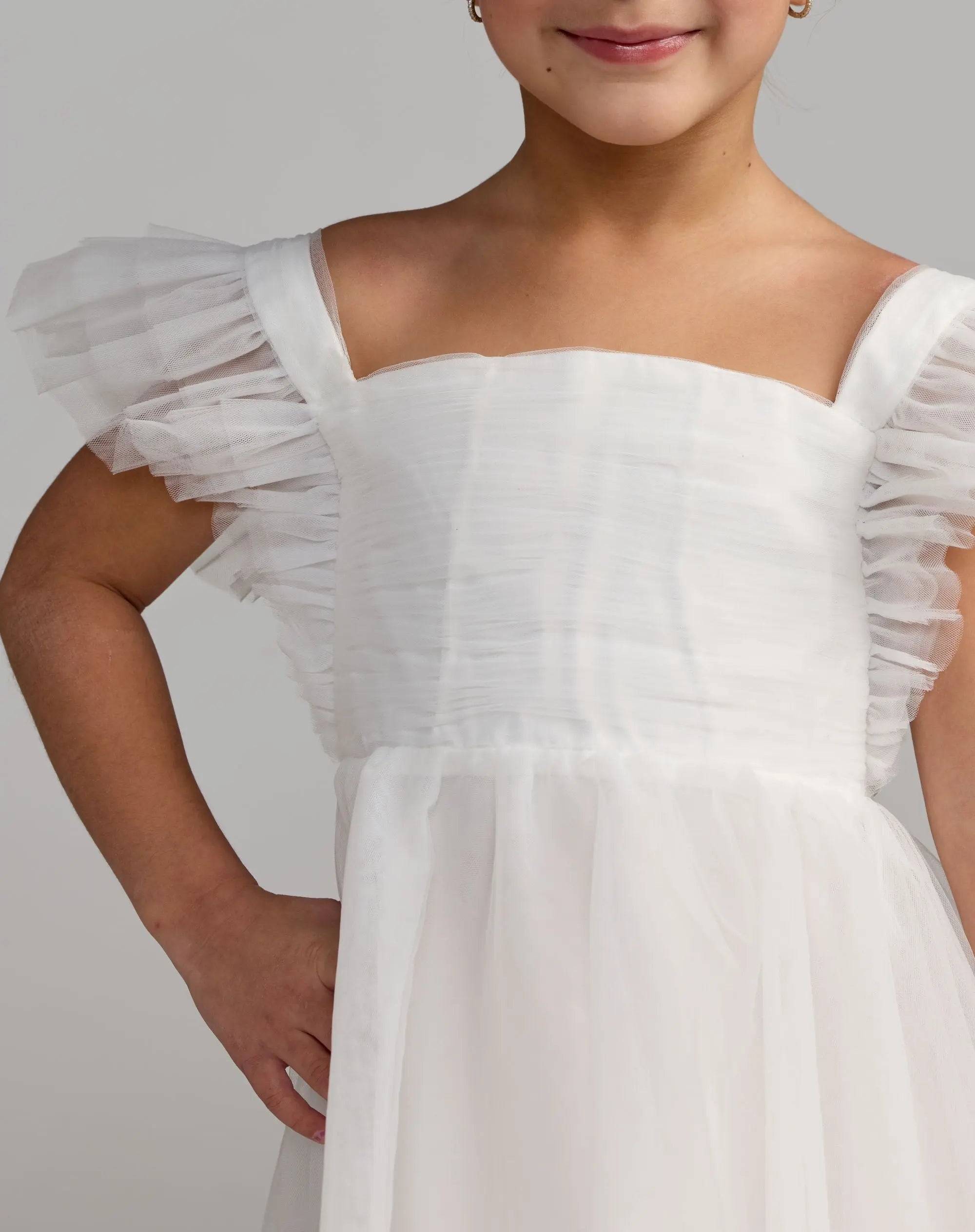 Girls White Ruffle Shoulder Tulle Dress - Image 2