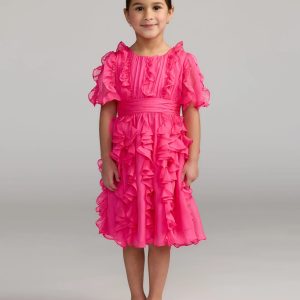 Girls Pink Chiffon High Neck Ruffle Dress