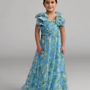 Girls Blue Floral Chiffon Ruffle Shoulder Dress