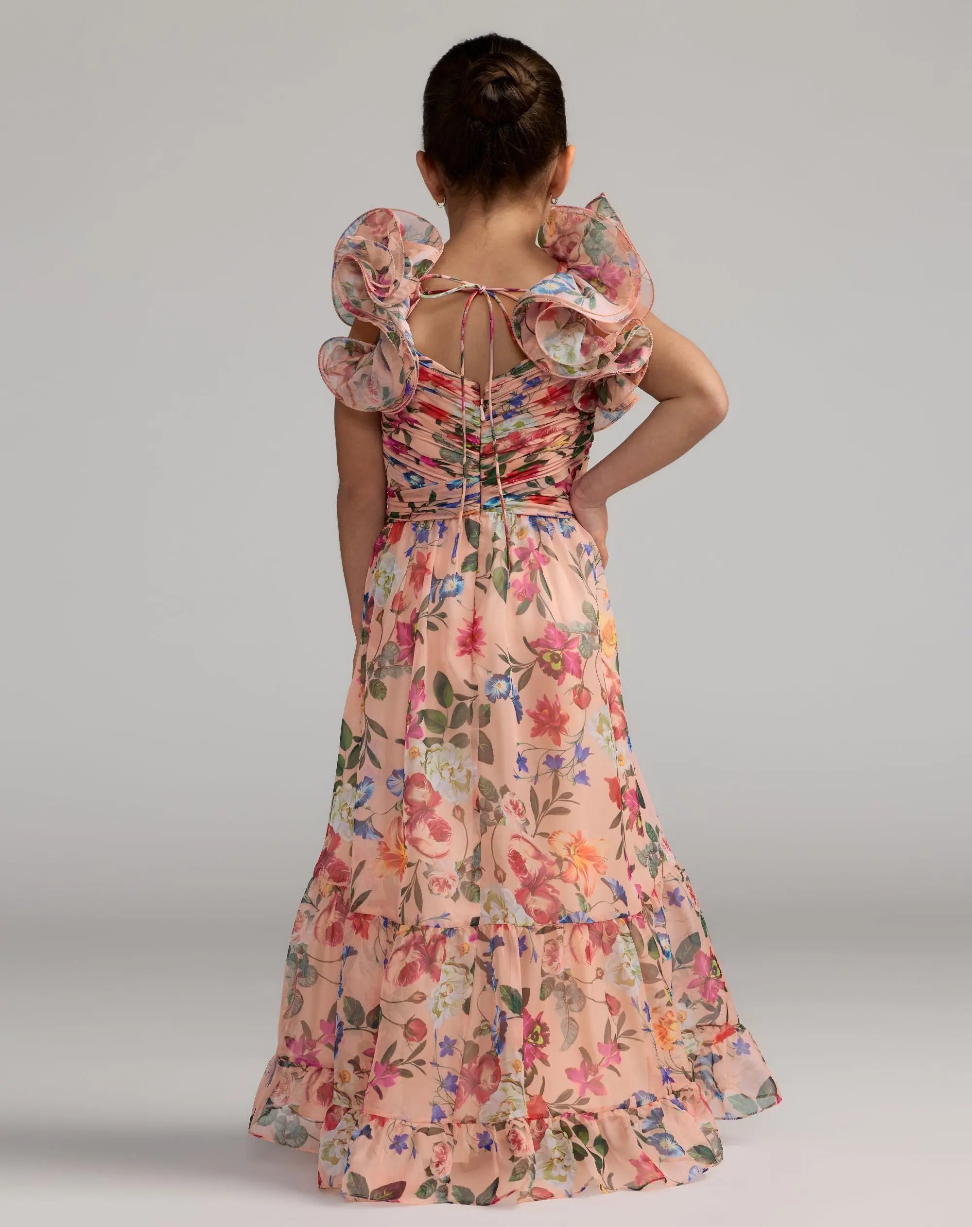 Girls Pink Floral Chiffon Ruffle Shoulder Dress - Image 3