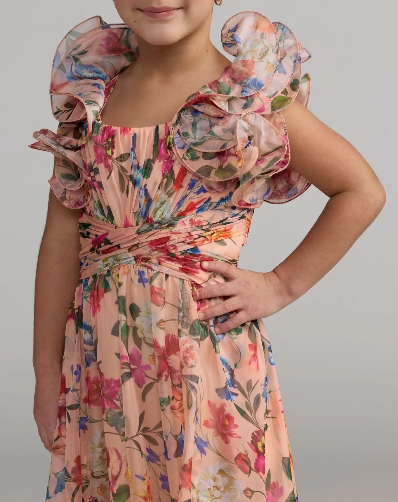 Girls Pink Floral Chiffon Ruffle Shoulder Dress - Image 2