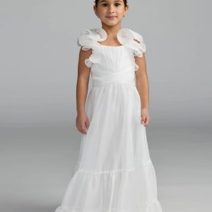 Girls White Chiffon Ruffle Shoulder Long Dress