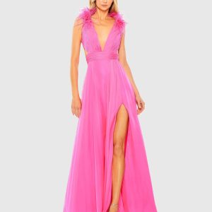 Pink A-Line V Neck Feathered Collar Gown