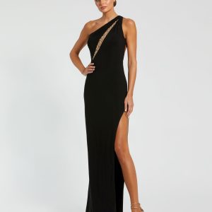 Black One Shoulder Gown with Sheer Embellished Cut Out