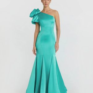 Green One Shoulder Bustier Satin Mermaid Gown