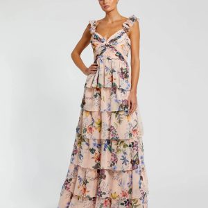 Pink Ruffle Sleeveless Chiffon Tiered Floral Print Gown
