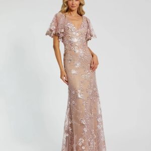 Pink Embellished Lace V Neck Butterfly Sleeve Gown