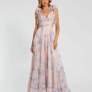 Light Pink Ruffle Tiered Cut-Out Chiffon Floral Gown