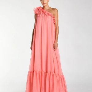 Pink One Shoulder Chiffon Gown With 3D Rosette