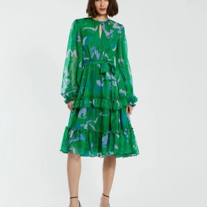 Green Printed Chiffon Bishop Sleeve Tie Waisted Ruffle Midi Dress