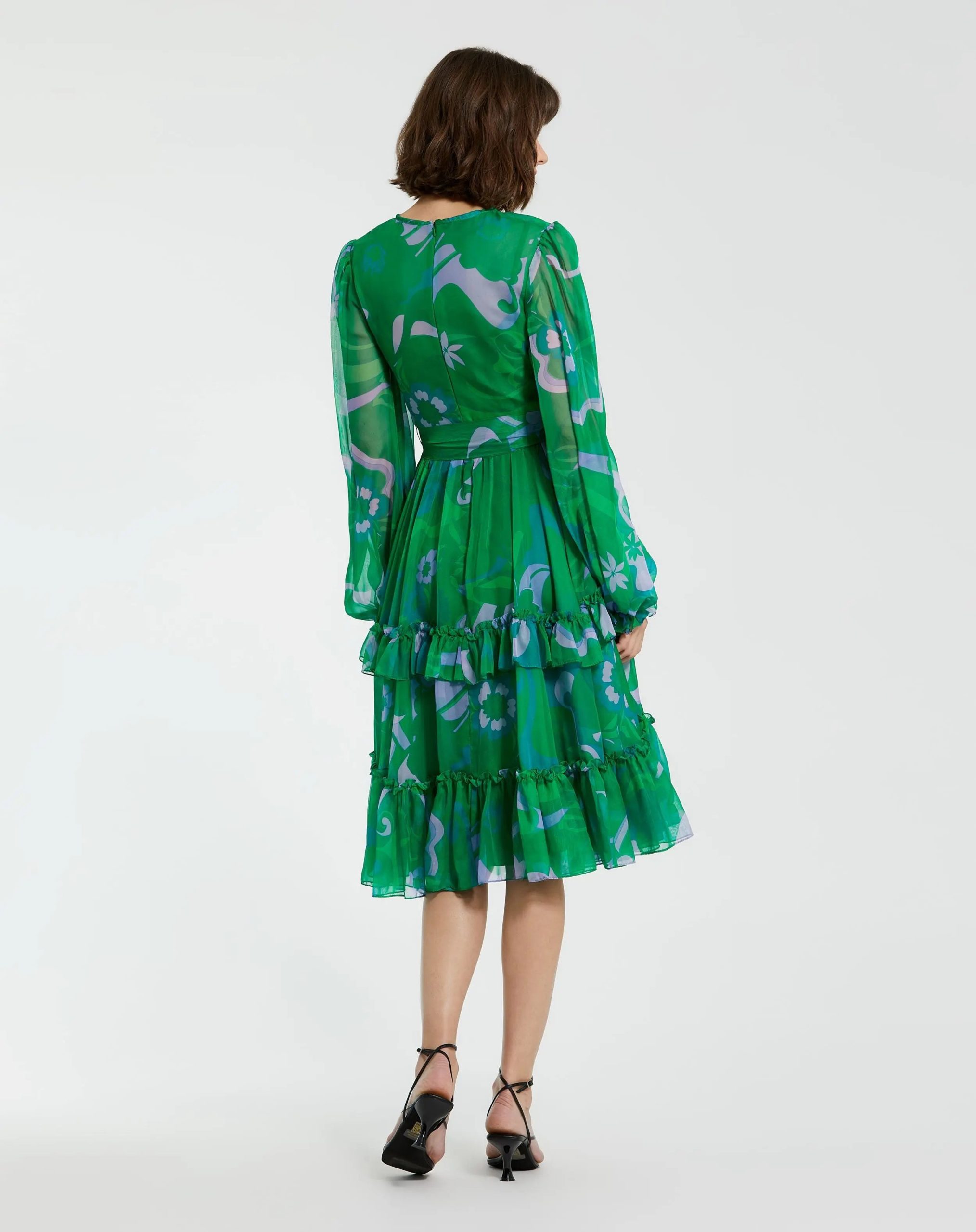 Green Printed Chiffon Bishop Sleeve Tie Waisted Ruffle Midi Dress - Image 4