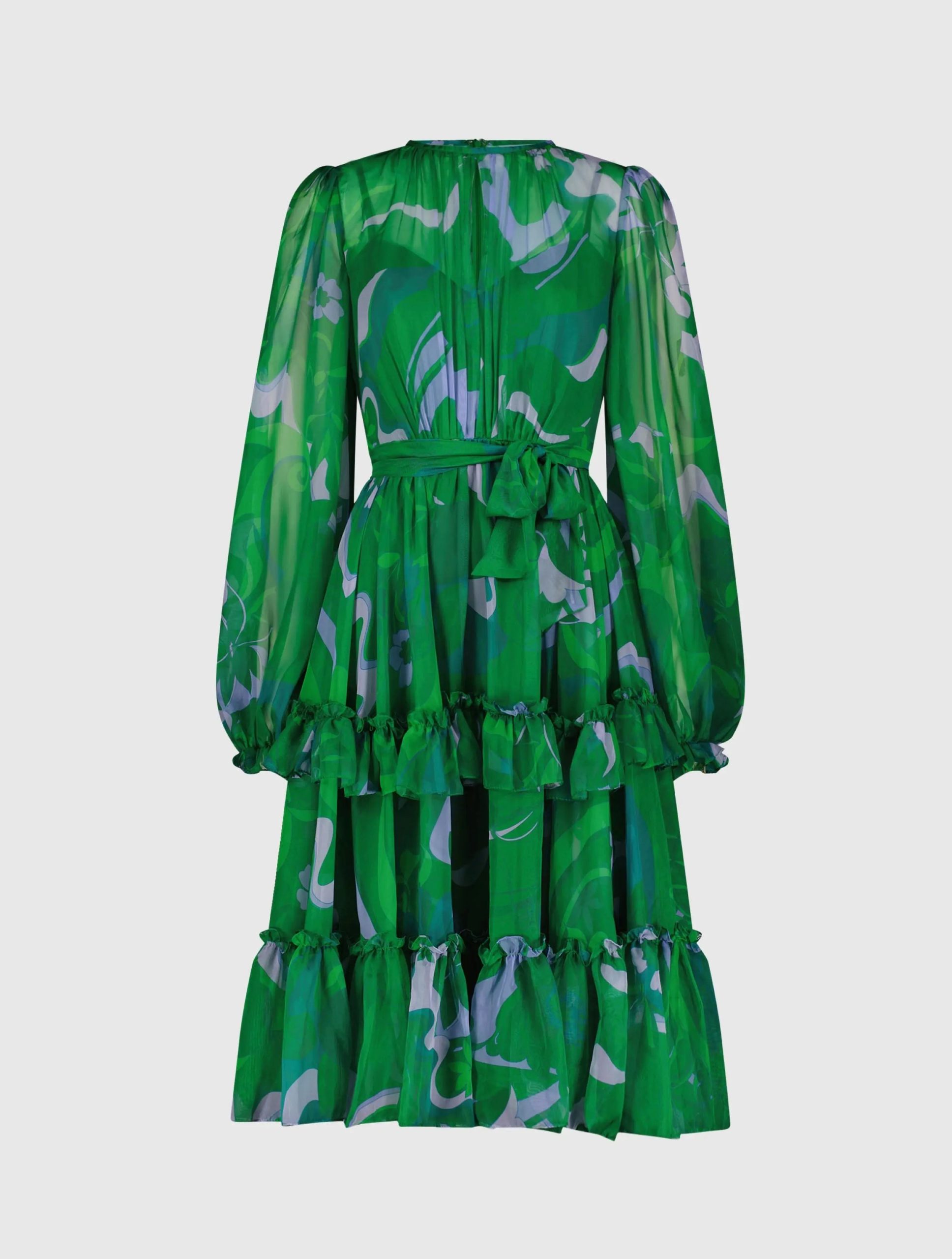 Green Printed Chiffon Bishop Sleeve Tie Waisted Ruffle Midi Dress - Image 2