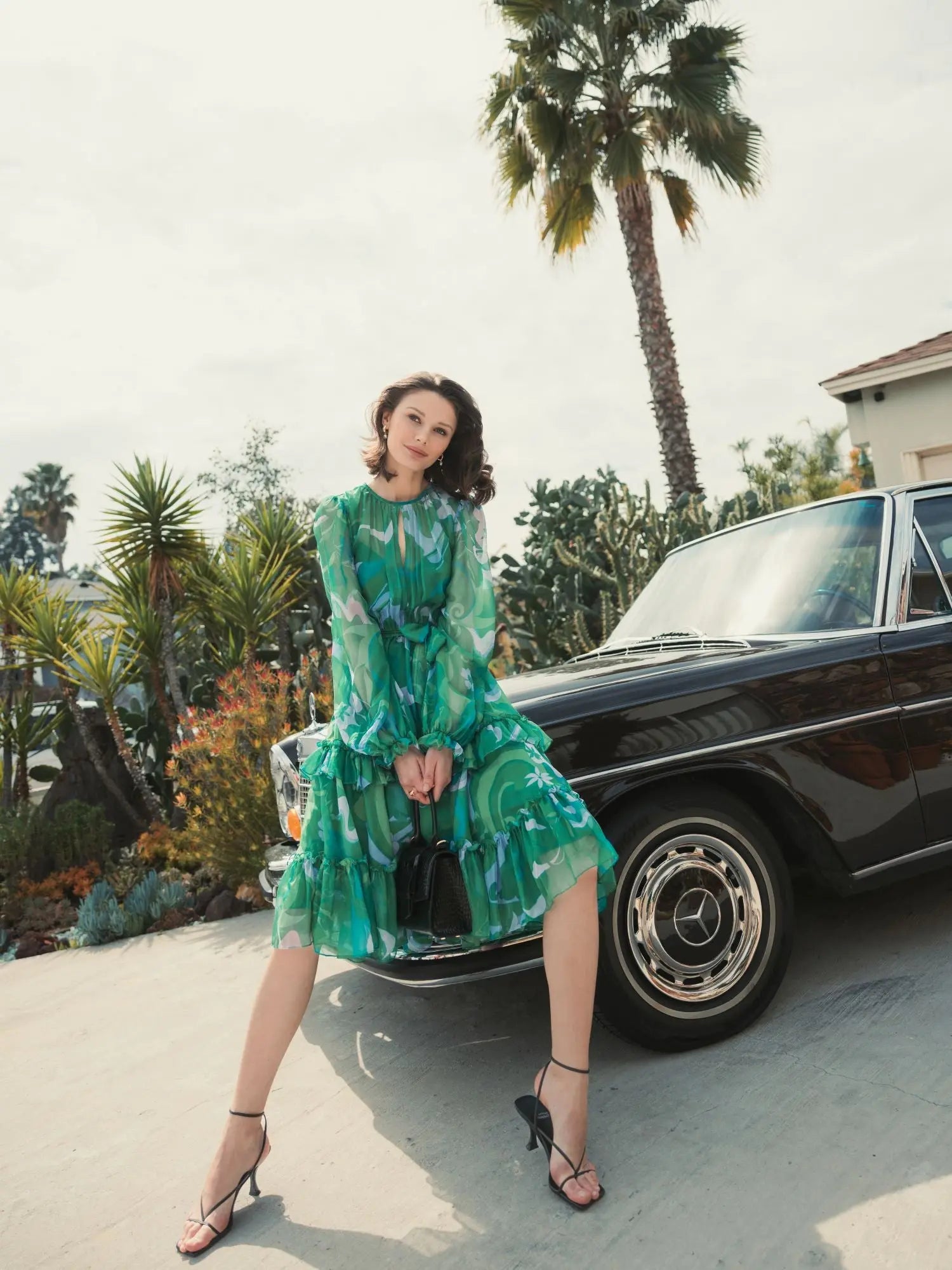 Green Printed Chiffon Bishop Sleeve Tie Waisted Ruffle Midi Dress - Image 6