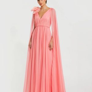 Pink Chiffon V-Neck Gown With Cape Sleeves
