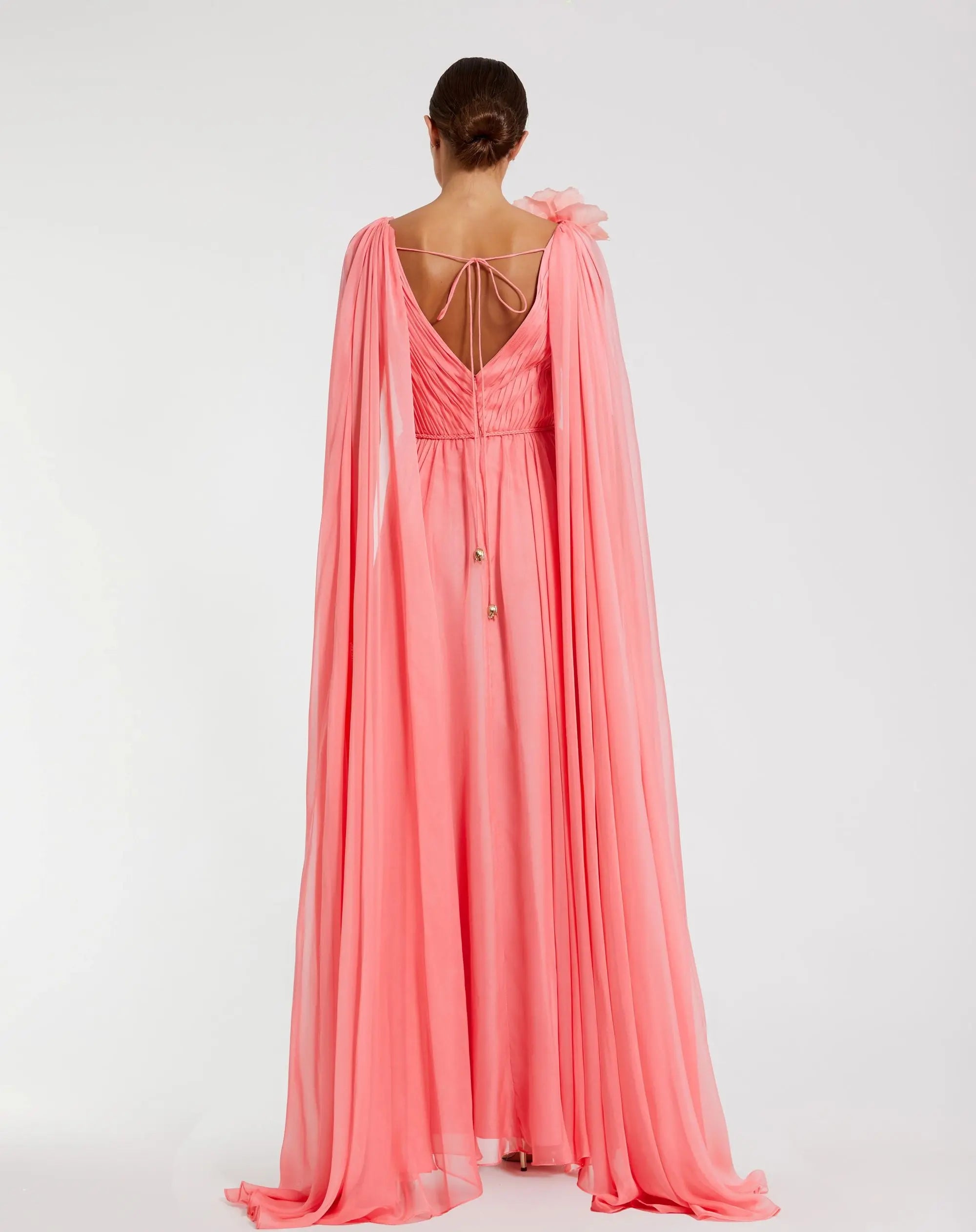 Pink Chiffon V-Neck Gown With Cape Sleeves - Image 3