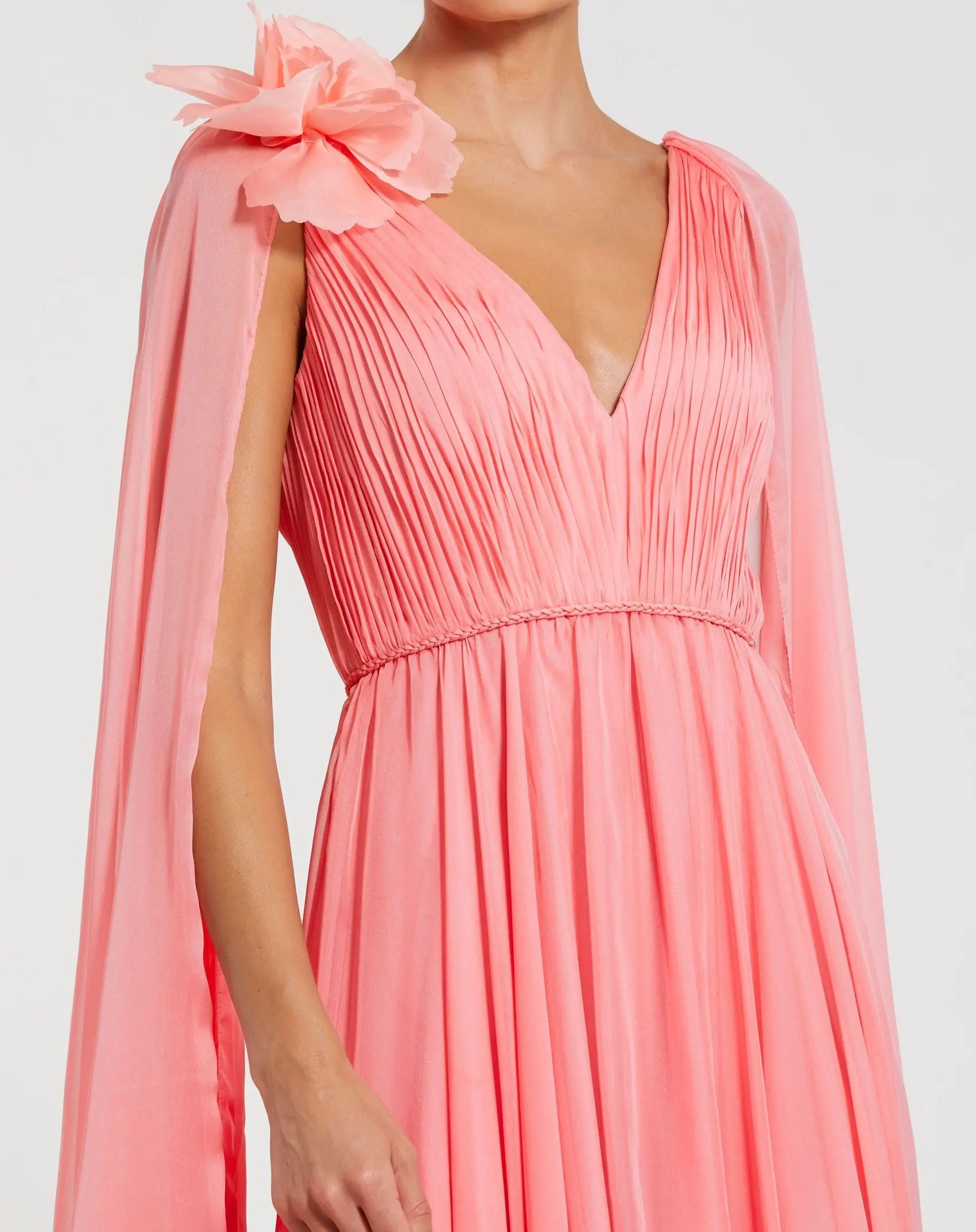 Pink Chiffon V-Neck Gown With Cape Sleeves - Image 2