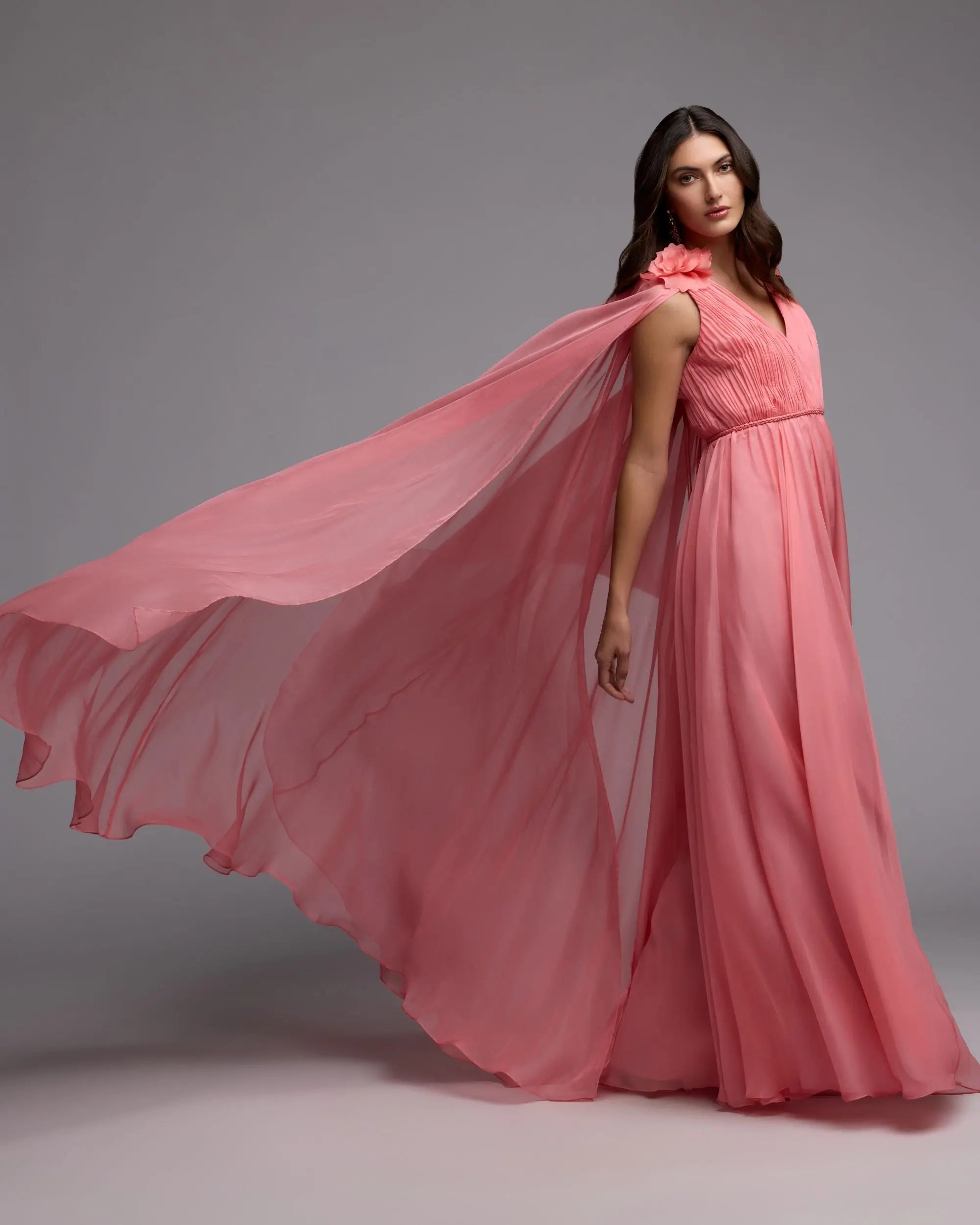 Pink Chiffon V-Neck Gown With Cape Sleeves - Image 6