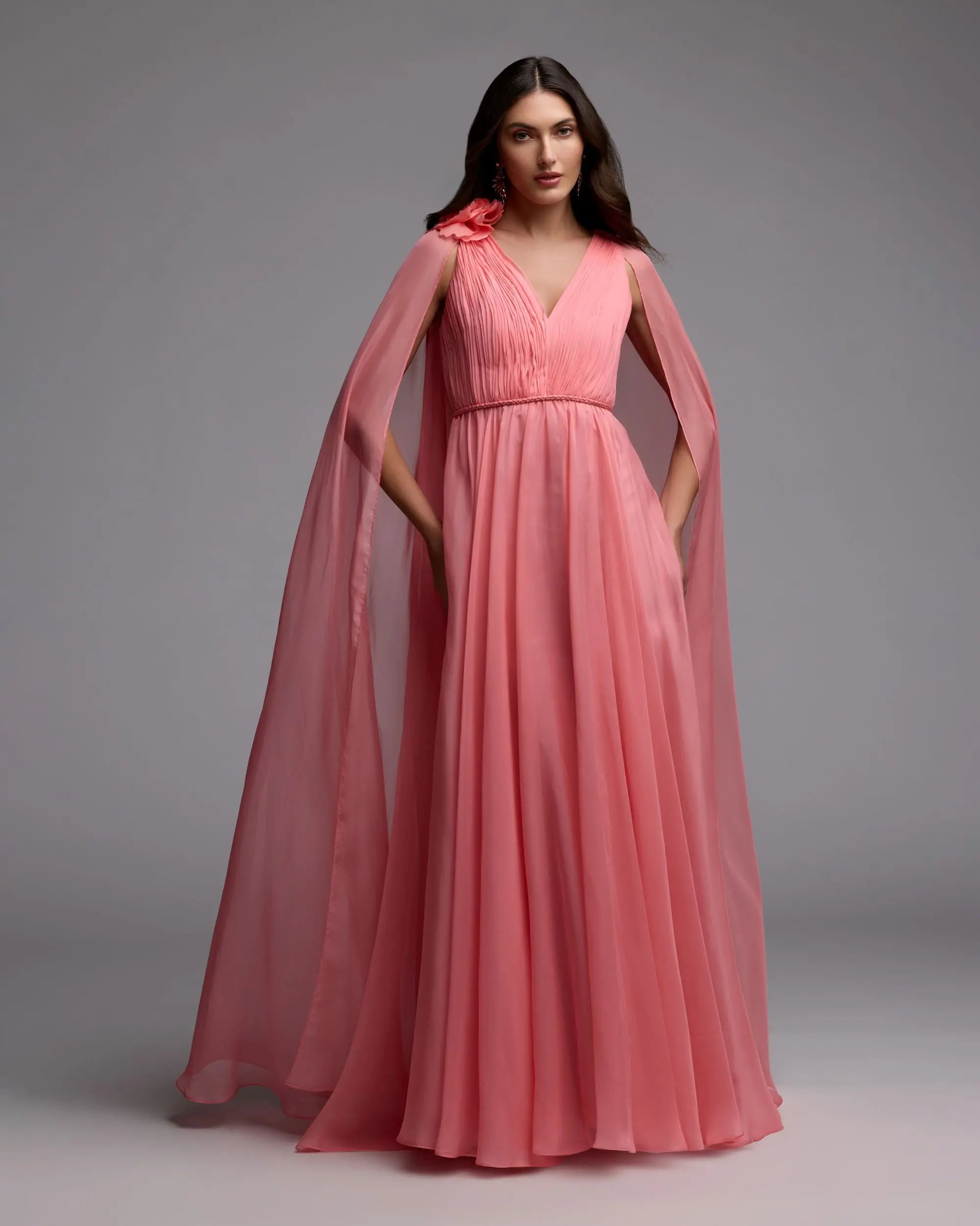 Pink Chiffon V-Neck Gown With Cape Sleeves - Image 5