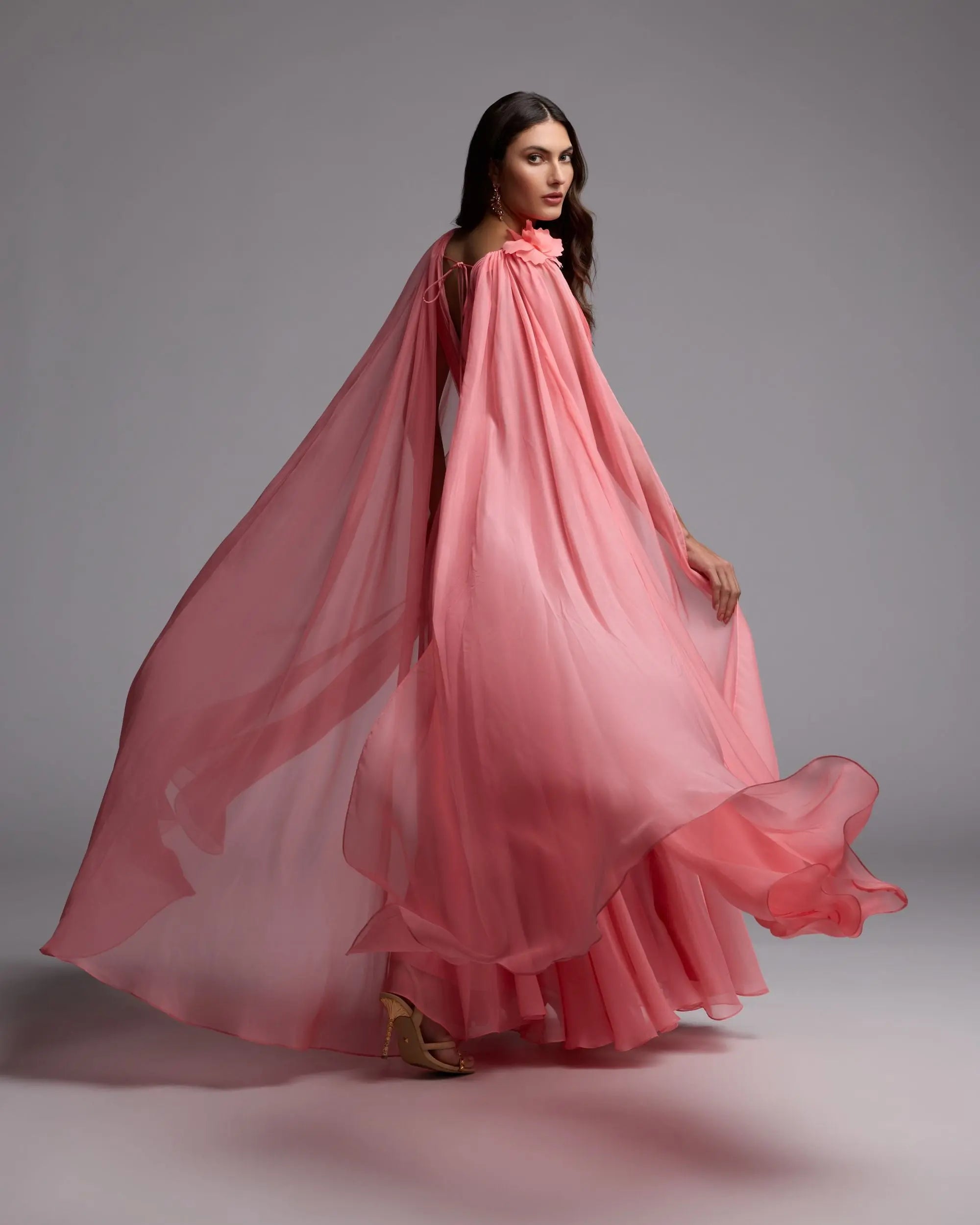 Pink Chiffon V-Neck Gown With Cape Sleeves - Image 4