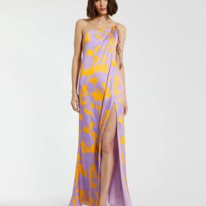 Purple Orchid Floral Printed Charmeuse One Shoulder Maxi Dress With Slit