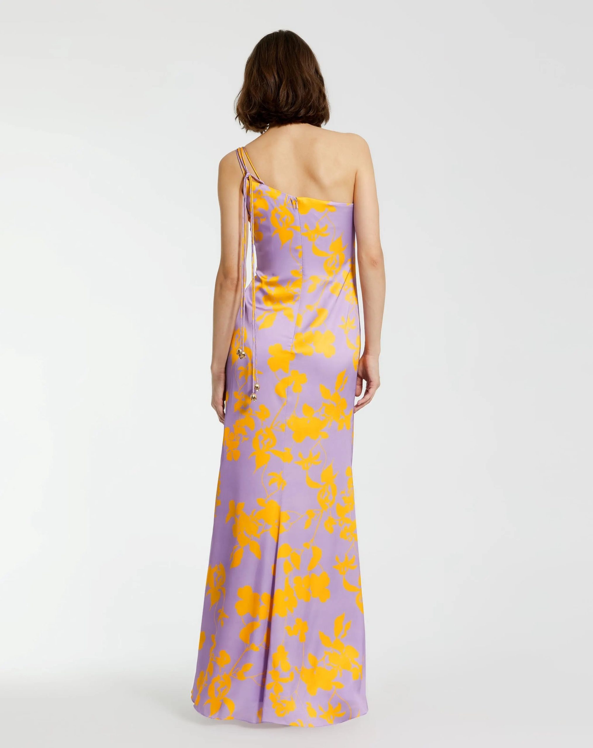 Purple Orchid Floral Printed Charmeuse One Shoulder Maxi Dress With Slit - Image 4