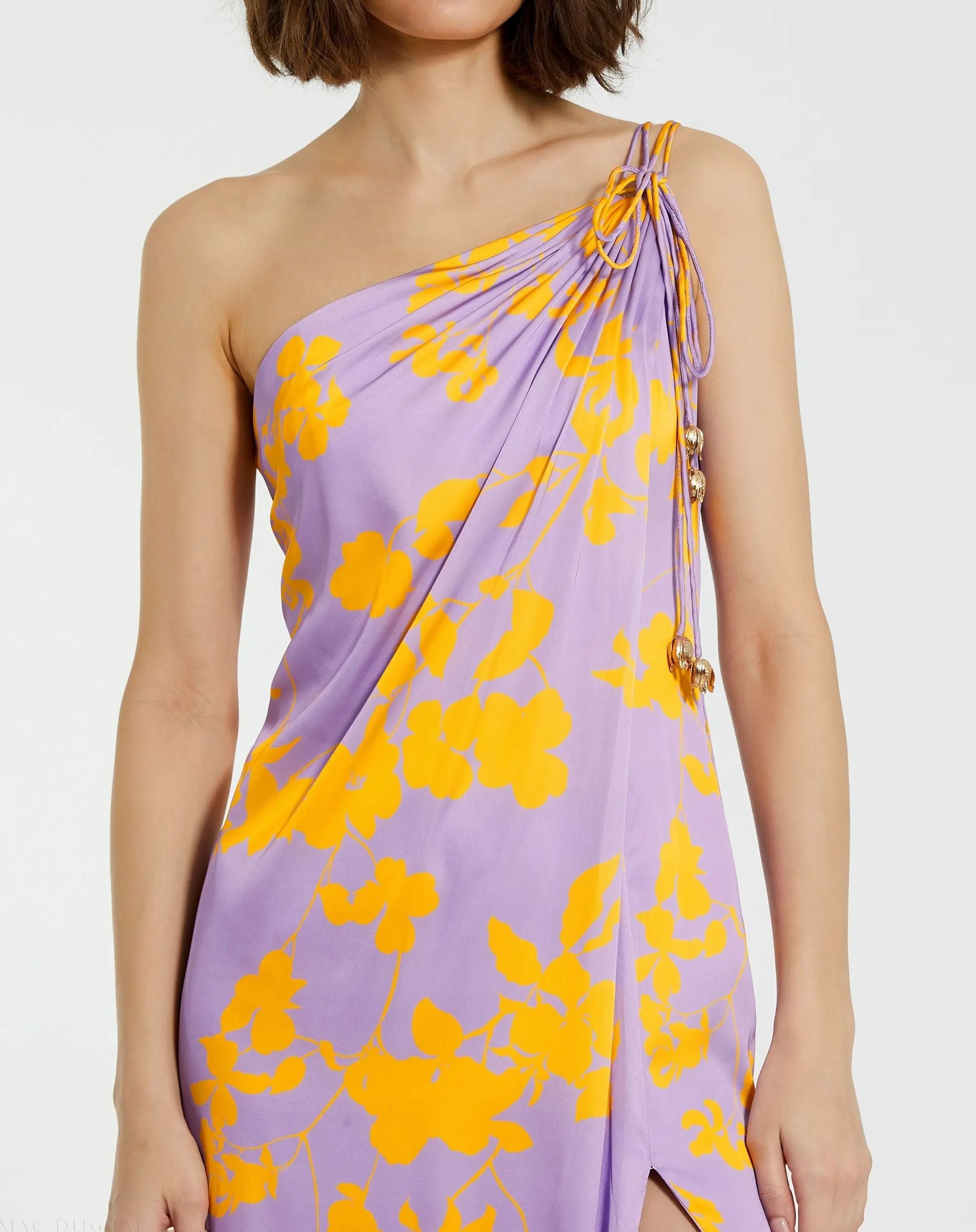 Purple Orchid Floral Printed Charmeuse One Shoulder Maxi Dress With Slit - Image 3