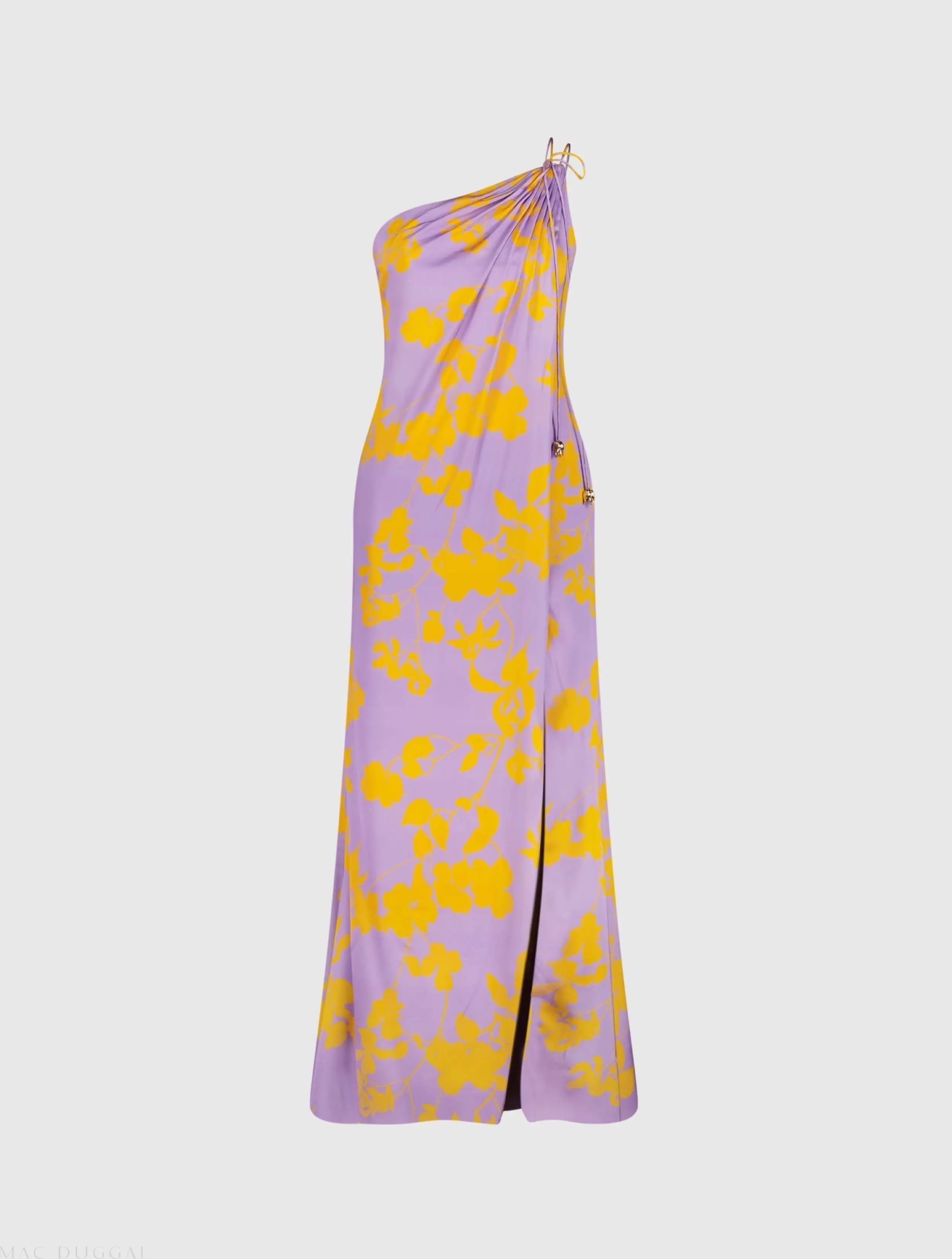 Purple Orchid Floral Printed Charmeuse One Shoulder Maxi Dress With Slit - Image 2
