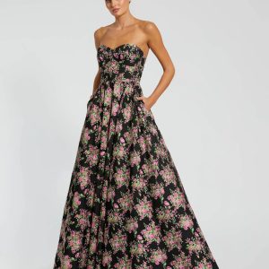 Black Strapless Sweetheart Brocade Floral Ballgown