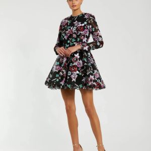 Black High Neck Long Sleeve Sequin A Line Mini Dress
