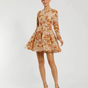 Beige High Neck Long Sleeve Sequin A Line Mini Dress