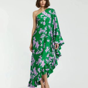 Green Floral One Shoulder Ruffle Gown