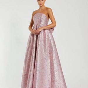 Pink Metallic Strapless Brocade Gown With Oversized Bow