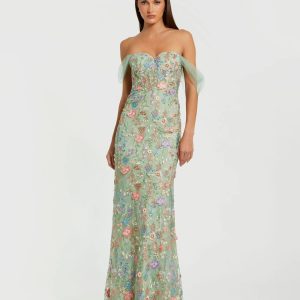 Green Off-the-Shoulder Bustier Floral Column Gown