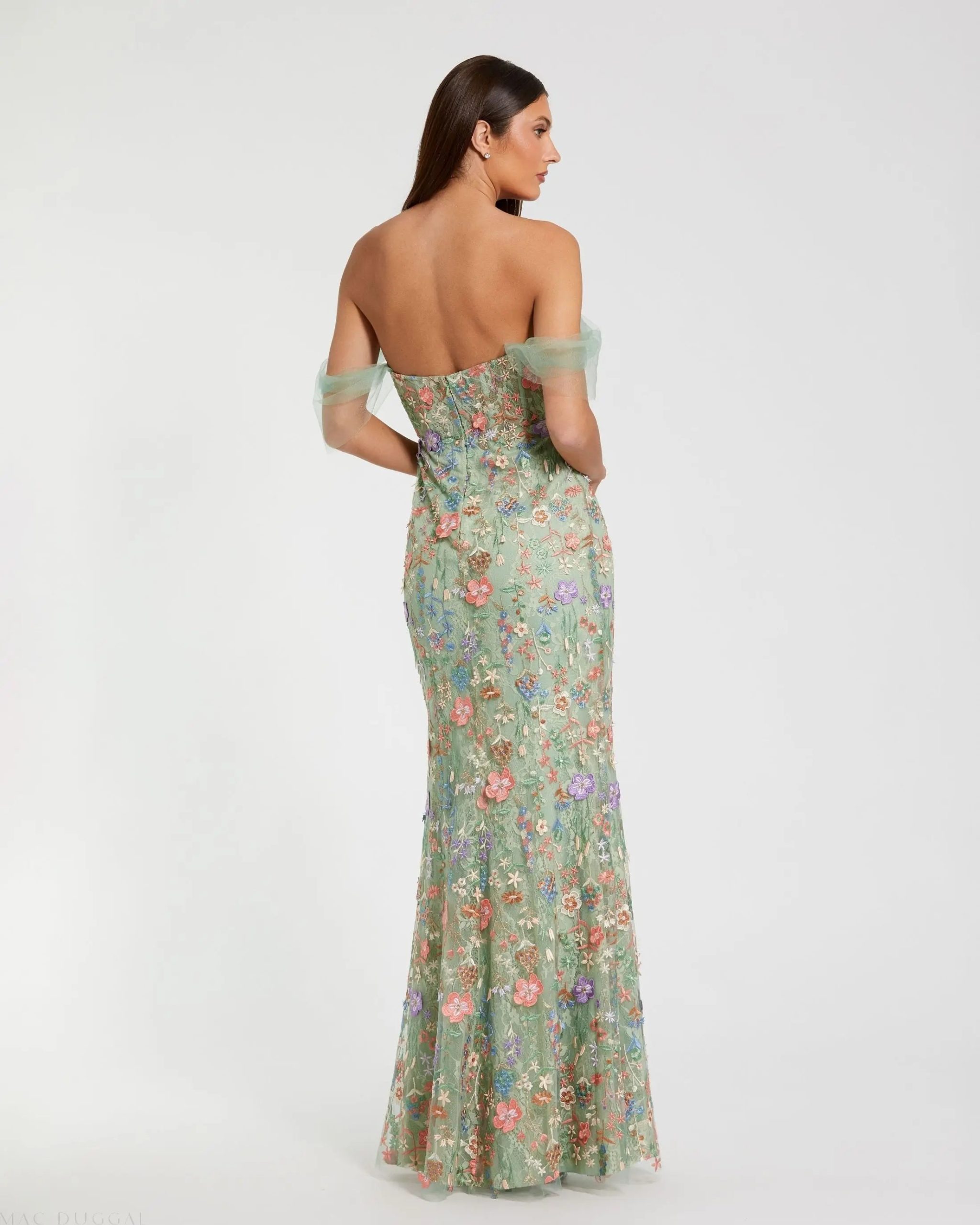Green Off-the-Shoulder Bustier Floral Column Gown - Image 3