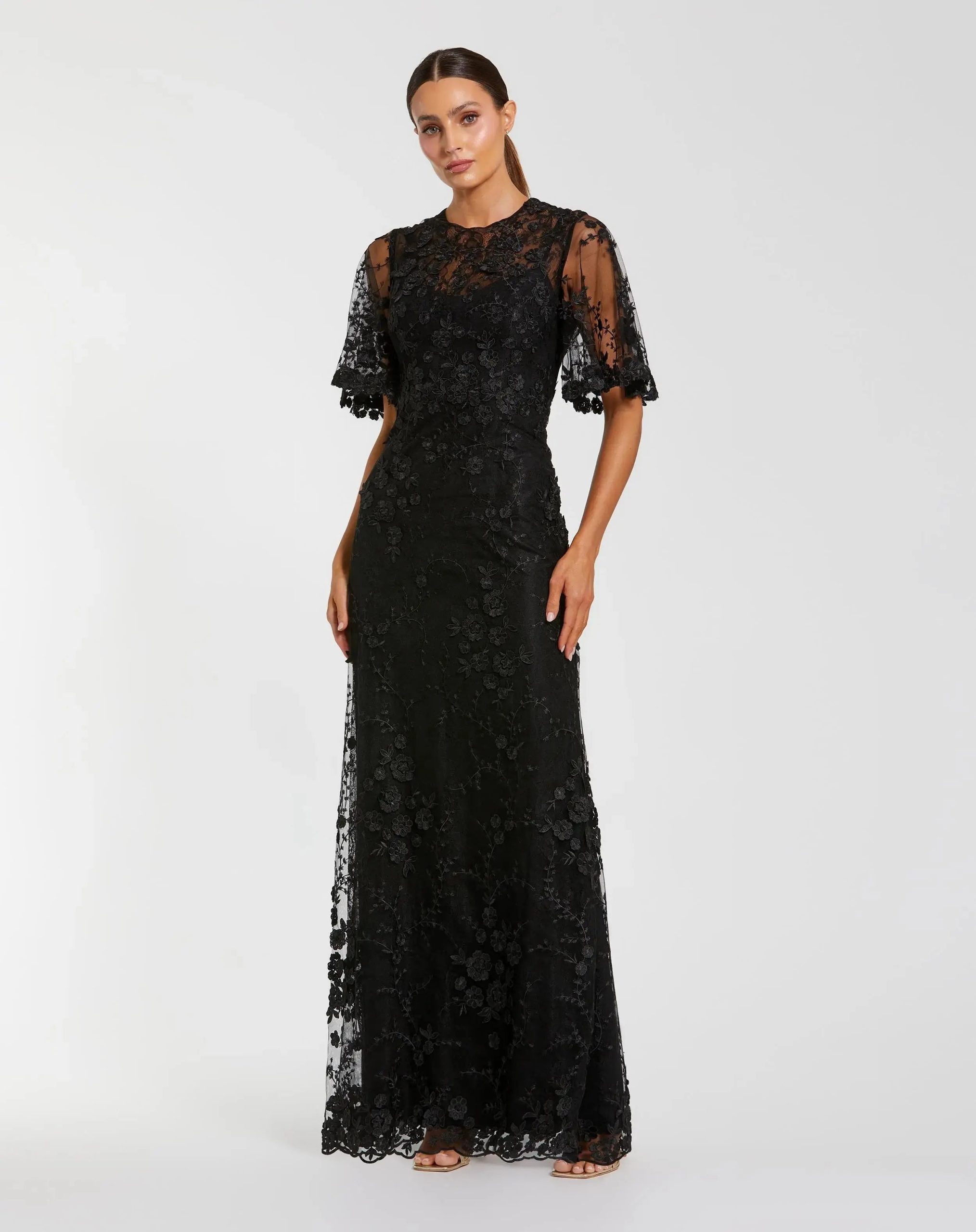 Floral Lace Gown with Sheer Flutter Sleeves - Image 5