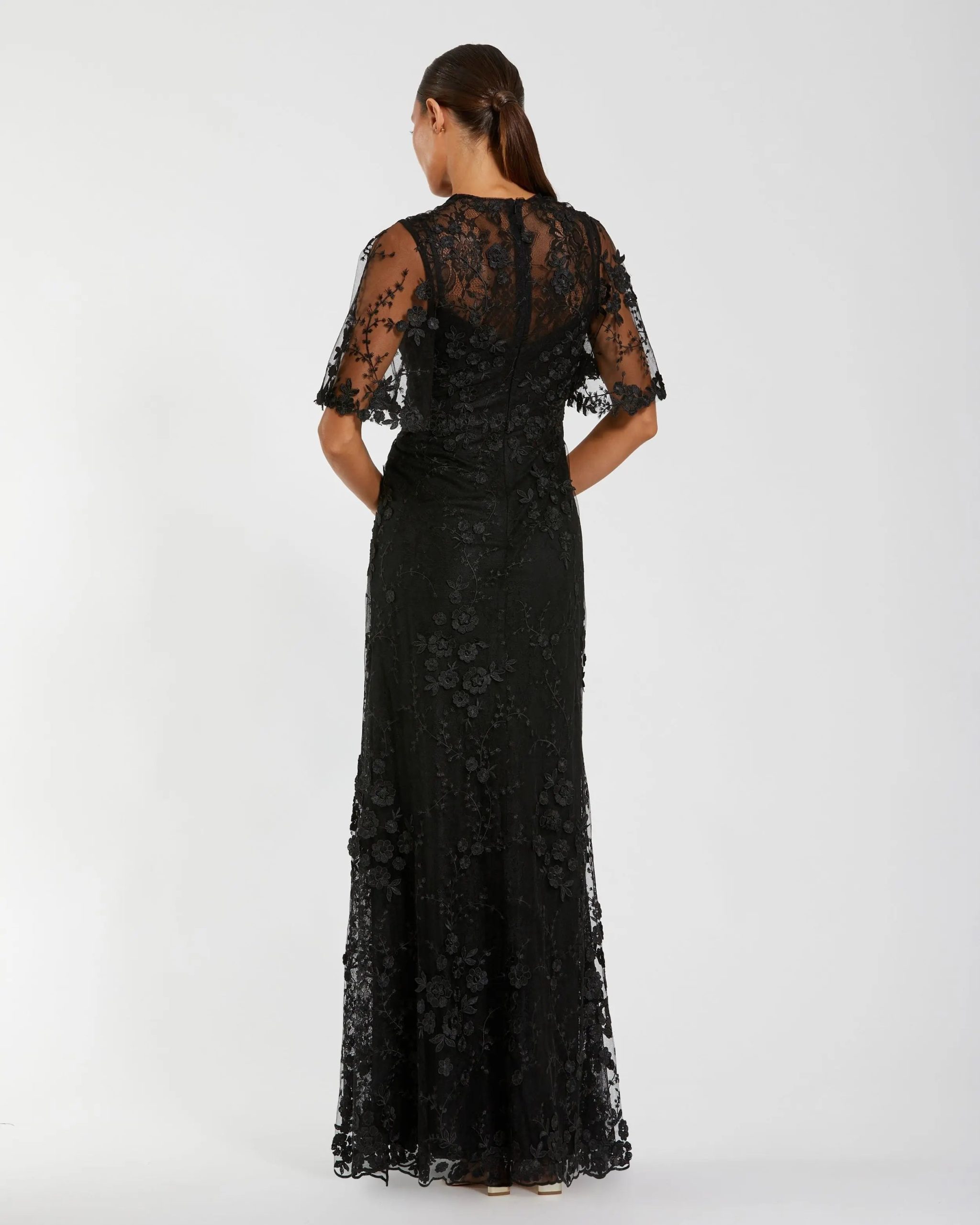 Black Flutter Sleeve Floral Embroidered Net Gown - Image 3